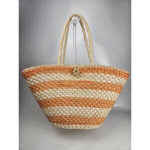 J Crew Tote Woven Raffia Straw Orange Natural Stripe Beach Market Bag